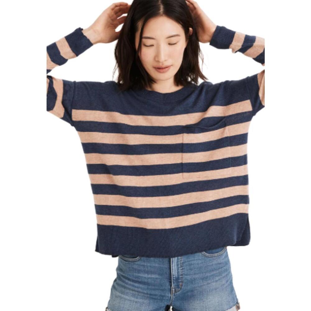 Madewell Striped Teracotta Navy Pocket Oversized Pullover Sweater - Size - XXS